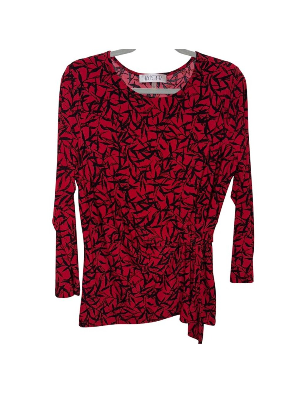 Kasper Womens Red & Black Long Sleeve Tie-Waist Top With Leaf Print Size L
